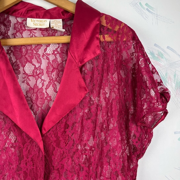 Victoria’s Secret Burgundy Red Lace Short Sleeve Pajama Shirt Button Down Large - Picture 3 of 9
